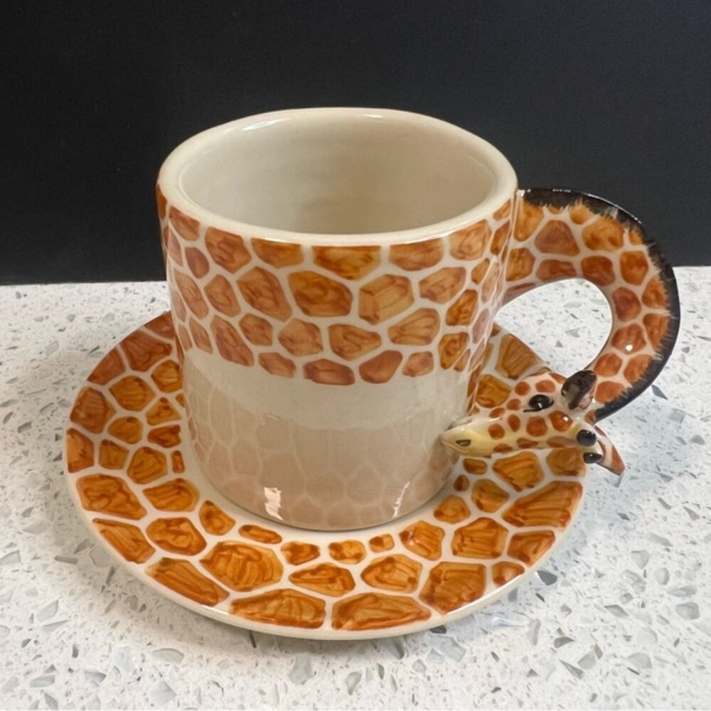 BLUE WITCH 3D Giraffe Head/Neck Handle Animal Print Espresso Cup and Saucer Set